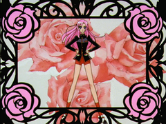 A screencap of Utena with her hands on her hips, surrounded by a decorative black frame anchored by illustrations of roses