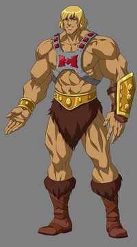 He-Man depicted from the front, with his right arm stretched out. The character is looking at the "camera" and smiling.