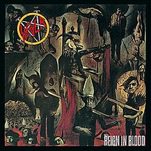 An image of the album cover featuring a demonic creature being carried on a chair by two people on each side. These people are carrying it over a sea of blood where several heads of corpses are floating. In the top left corner of the album is Slayer's logo while in the bottom right corner is the album title "Reign in Blood".