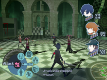 Four of the game's playable characters surrounds a group of three enemies. The camera is centered behind the protagonist, who is wielding a sword. A wheel-shaped menu of icons in the lower-left corner of the screen indicate available battle commands.