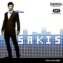 Rouvas in a black formal outfit with blue tie surrounded by sound bar vectors.