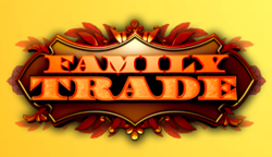 A logo for the American television series Family Trade, featuring orange letters on a dark red and brown plaque over a yellow backdrop