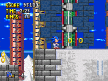 A blue cartoon hedgehog stands on top of a stone building in an industrial complex with mountains of sugar in the background and sugar partially covering the surrounding building.