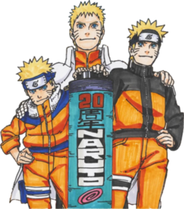 The three incarnations of the character Naruto Uzumaki together. They include the child at the left, the teenager in the right, and the adult in the middle