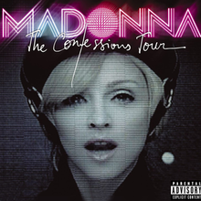 Madonna's face with her mouth a little open as if she is saying something. Above her the name the word "The Confessions Tour" appear.