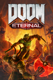 Packaging artwork depicting the Doom Slayer fighting the Marauder and a horde of demons
