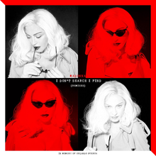 Image divided into four squares; each square depicts a woman with white hair. The upper right and lower left are red colored and show the woman wearing sunglasses. The image has a white and red border around it. The words MADONNA and I DON'T SEARCH I FIND (REMIXES) are written in the middle.