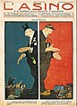 This cover of 14 May 1911, describes the policy of Giolitti: on the one hand, dressed in elegant suit, he reassures conservatives; on the other, with less elegant clothes, he is addressing the workers.