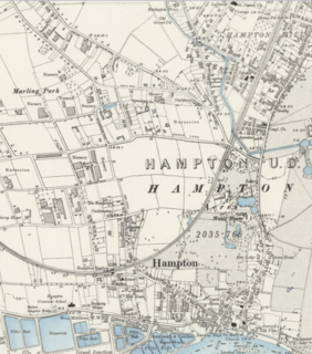 Ordnance Survey map (1894-5) showing Hampton. Note Hampton Hill to the north east, Nurseries to the west and Water Works on the river. The street plan follows the old field boundaries