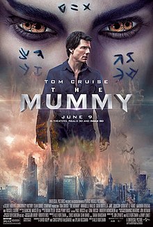 The poster features skyscrapers stuck in a blizzard, in the center. Upon which Tom Cruise appears, whose face is looking somewhere else, concerned. Behind him, the face of an Egyptian princess appears, spread upon whole top-half portion. The princess has two irises in each eye, which appears like she got four eyes. Above all these, in the center, title: THE MUMMY, appears.