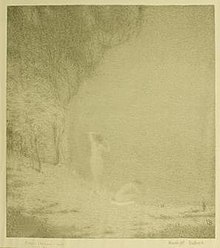 Tonalist lithograph by Bolton Brown depicting female nudes bathing by moonlight