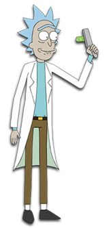An elderly man with spiky light blue hair, wearing a lab coat and holding a device in his left hand. He has a unibrow and some green saliva coming out of his mouth.