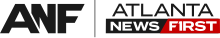 At left, the black letters A, N, and F in a sans serif, with the A overlapping and cutting off the N and the F having a diagonal cut. A vertical line separates this from the words "Atlanta News First" in all caps in a wide sans serif. Atlanta is in black and on top. The words NEWS and FIRST are in black and red boxes. The capital I in FIRST is stylized like the number 1.
