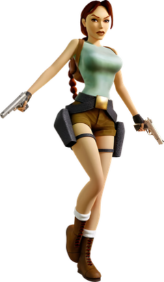 Computer generated image of a 3D character model of a woman with a long brown braided ponytail and two pistols wearing a light blue sleeveless shirt, brown shorts, black gun holsters and brown boots.