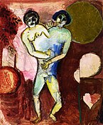 Marc Chagall, 1911–12, Hommage à Apollinaire, or Adam et Ève (study), gouache, watercolor, ink wash, pen and ink and collage on paper, 21 × 17.5 cm