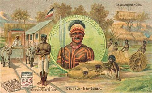 Postcards depicted romanticized images of natives and exotic locales, such as this early 20th-century card of the German colonial territory in New Guinea.