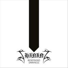 White background with large black rectangular shape in center with bottom edge pointed such that it resembles the end of a nail and pointing to the band's name "SHINING" in a nearly illegible font. Below the logo is the album's name written with the "Redefining" above "Darkness" in a sans-serif font.