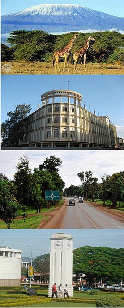 From top: Kilimanjaro Mountain, Moshi Hotel (formerly the Livingstone Hotel), A23 Arusha-Himo road, Clock Tower