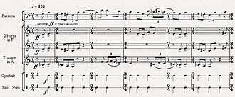 Sheet music showing six bars of music; each bar changes from 2/4 to 3/4, and the melody doesn't always fall on the first beat, showing a constant shift in accents