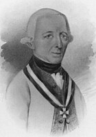 Black and white print shows a man in an 18th century wig. He wears a white military uniform with the Military Order of Maria Theresa cross.