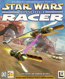 Cover for Star Wars: Episode I: Racer. The title is prominently featured across the top. Below, three podracers compete on a desert planet, with Anakin Skywalker's podracer prominently featured.