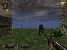 View of a jungle swallowed by fog; a scaled dinosaur charges out of the gloom towards the player, whose weapon (a shotgun) is visible in the corner of the screen. Around the edge of the frame are two-dimensional icons relaying game information.