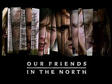Opening title sequence of the television programme. Fragments of scenes from the series and the changing faces of the four lead characters are displayed in jagged vertical strips, with the title caption written beneath, against a black background.