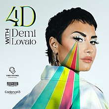 Demi Lovato looking to the camera with colored rays coming from her eye.