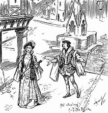 black and white drawing of a stage scene showing a plaza with a man addressing a woman, both in aristocratic mediaeval costume