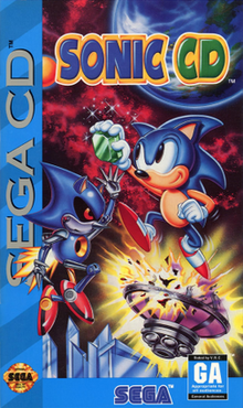 Cover art depicting Sonic fighting Metal Sonic for one of the Time Stones. The game's logo is shown atop the two; the Sega CD banner is on their left; and beneath them is the Sega logo, Seal of Quality, and the game's rating.