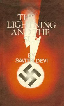 A lightning bolt and a Nazi swastika in front of the Sun. Book title at top, author name in middle