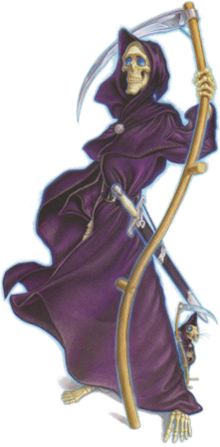 A skeletal figure, wearing dark purple robes, with a scabbard at his waist and holding a scythe. A skeletal rat stands at his feet, also hooded in a purple robe.