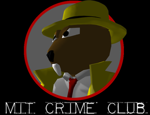 A cartoon beaver wearing a yellow trenchcoat and fedora, white shirt, and red tie, on a gray and red field, above the words "MIT CRIME CLUB"