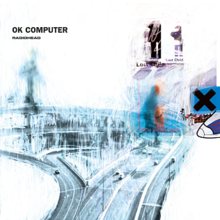 A highly edited image of a highway. In the top left corner is written "OK Computer", with text beneath reading "Radiohead".