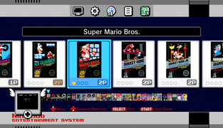 The menu for the NES Classic Edition, showing its titles by release date. Pictured from left are Excitebike, Ice Climber, Super Mario Bros., Donkey Kong, Donkey Kong Jr. and Mario Bros.