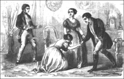 sketch of stage scene with characters in early 19th-century costume. A young woman kneels to a standing man; an older woman and a young man look on
