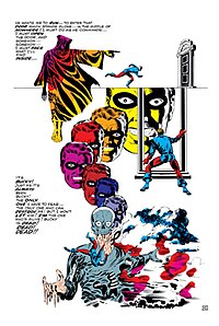 A comic book spread featuring a variety of surreal images, including the spectre of Death pointing towards a door, the face of Rick Jones duplicated in different colors, and a body with a skull for a head exploding into colored smoke.