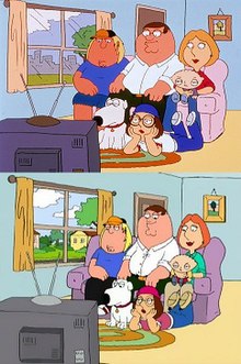 A still frame of a cartoon family gathered together on the couch and the floor watching the television.