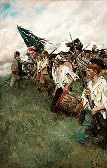 Painting shows ragged-looking soldiers advancing into battle under an equally tattered US flag.
