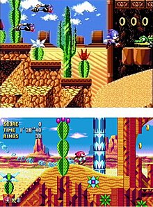 Top: a mockup image of a desert-themed level, intended for inclusion in Sonic the Hedgehog 2 (1992). Bottom: a similar level in Sonic Mania. The developers used an unused stage from Sonic 2 as inspiration for Sonic Mania.