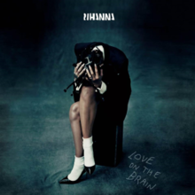 Cover art for "Love on the Brain": Rihanna sitting alone in a blue room, holding her head as if she was having a headache