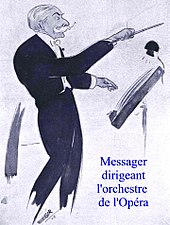 caricature of elderly man in evening dress conducting an orchestra