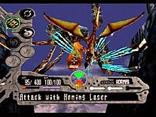 A screenshot of Edge and his dragon battling a large creature