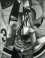 Jean Metzinger, 1913, En Canot (Im Boot), oil on canvas, 146 x 114 cm (57.5 in × 44.9 in), exhibited at Moderni Umeni, S.V.U. Mánes, Prague, 1914, acquired in 1916 by Georg Muche at the Galerie Der Sturm, confiscated by the Nazis circa 1936, displayed at the Degenerate Art show in Munich, and missing ever since.[10]