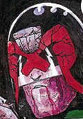 A head shot of a man who looks like Judge Dredd, but his helmet is damaged, with large cracks all over it. He is bleeding from the mouth.
