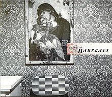Greyscale interior of room with decayed Byzantine artwork and tag reading "Akira Rabelais" on right side