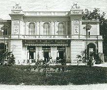 Black and white photograph of the front façade of the Teatro Kursaal
