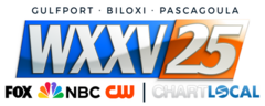 A blue parallelogram with slanted letters W X X V in a flared sans serif next to an orange parallelogram with a numeral 25 in the same typeface but bolded. Above are the words "Gulfport • Biloxi • Pascagoula"; below are the logos of Fox, NBC, The CW and digital advertising firm ChartLocal.