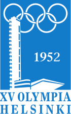 A soild blue background is intruded on its left side by a structure, shaded in white, representing the tower and stand of the Helsinki Olympic Stadium. The Olympic rings, also white, lie at the top of the blue background, partly obscured by the stadium's tower. The word "1952" is written in white in the middle of the blue background, while "XV Olympia Helsinki" is written in blue, beneath the image.