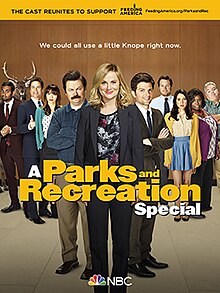 The cast of Parks and Recreation on a poster advertising the special
